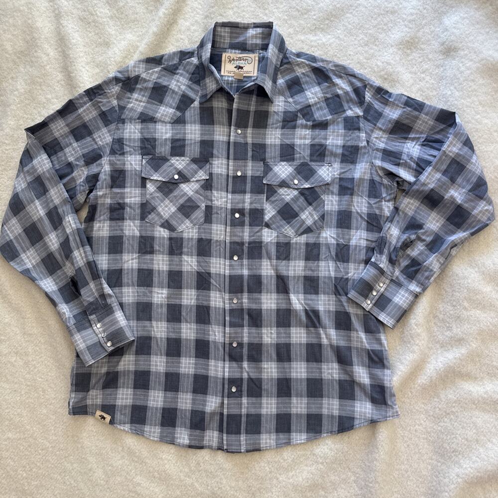 Western Aloha Pearl Snap Shirt Mens XXL Blue Gray Plaid Long Sleeve Made in USA